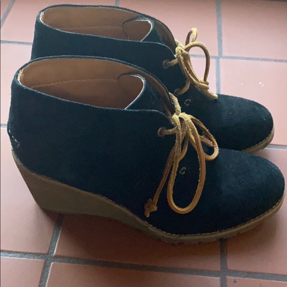Black Sperry suede lace-up wedges